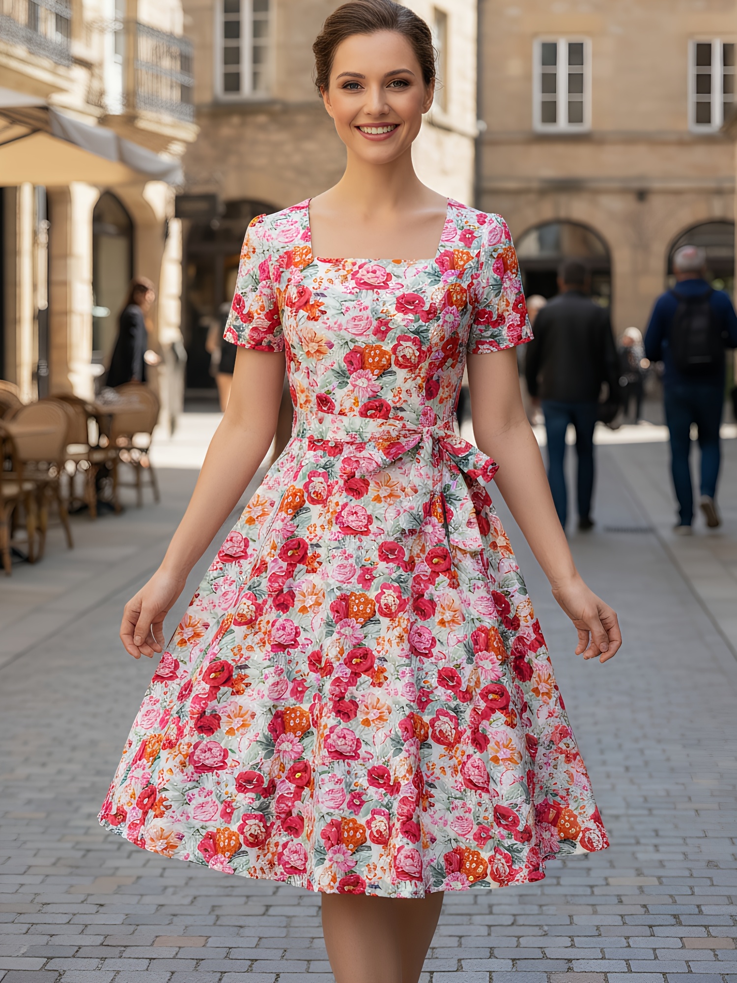 knee length umbrella dress summer elegant floral print short sleeved square neck knee length cocktail dress