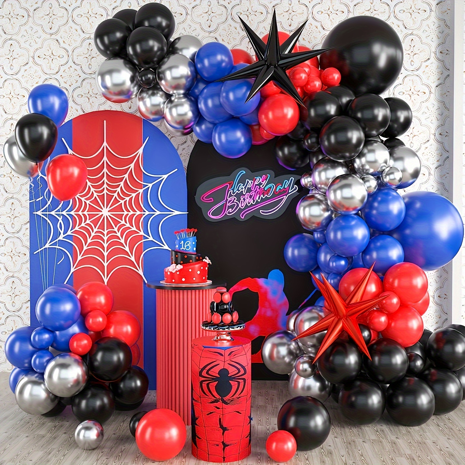 

stretch-fit Arch" 121-piece Spider Web Balloon Garland Kit - Vibrant & Durable Birthday Decor With Arch, Red/blue/black Latex & Foil Balloons For Ages 14+