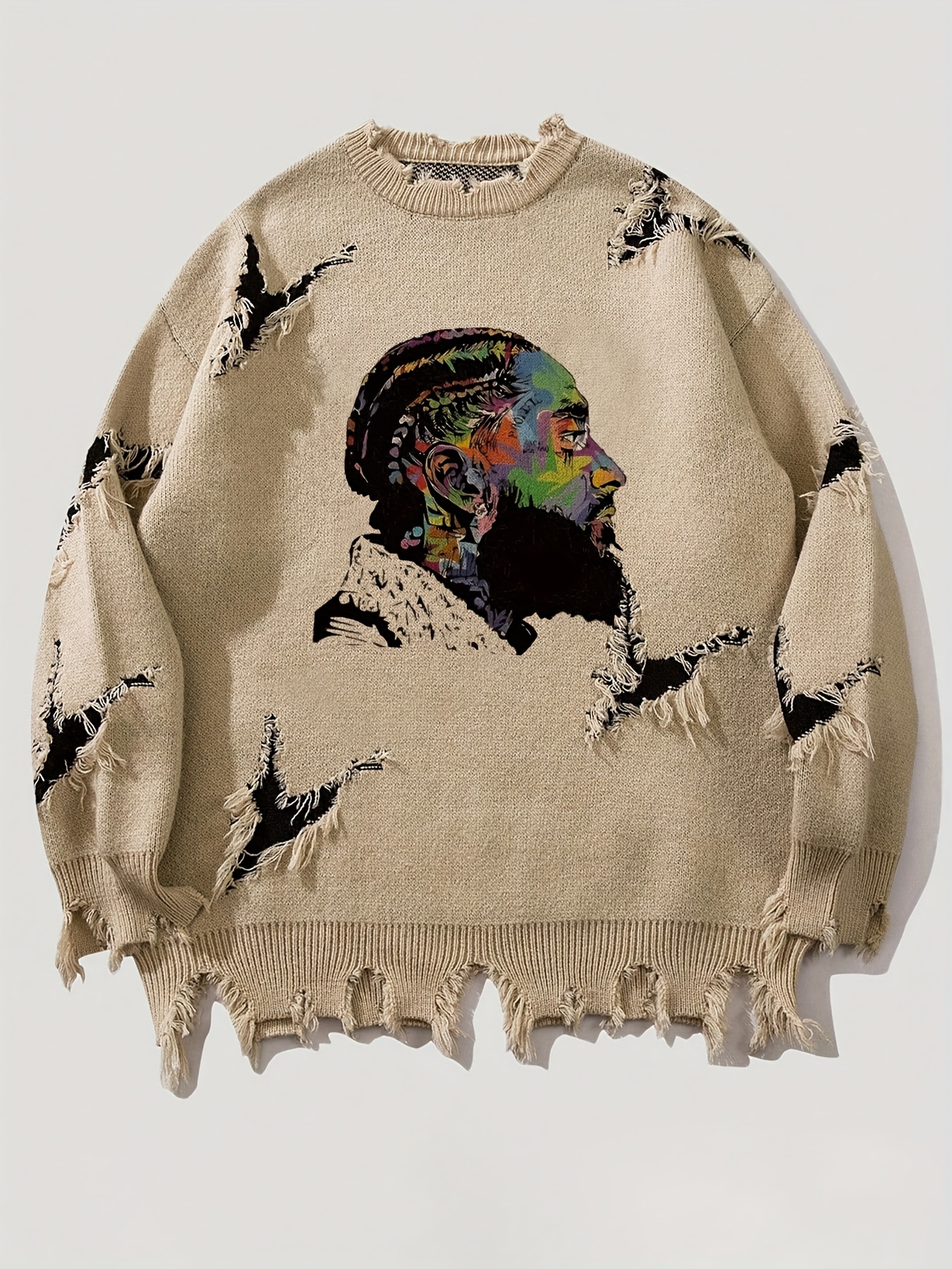 Men'S Casual Crew Neck Knit Sweater with Artistic Graffiti Portrait | Loose Fit, Ripped Details, Long Sleeve, Comfortable Texture for Fall/Winter