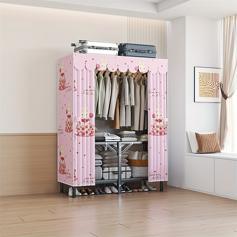  1pc heavy duty sliding curtain wardrobe with hanging rod raised feet shoe storage dust proof cover 198lb capacity space saving closet organizer for home 27 height luggage storage wardrobe clothes organizer storage portable closets Product details 7