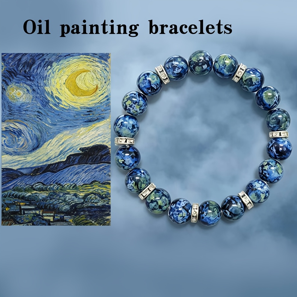 TEMU Vintage Oil Painting Series Beaded Bracelet, Featuring Van Gogh's "starry Night" Color Scheme, Made With -friendly Elastic Cord, Suitable For