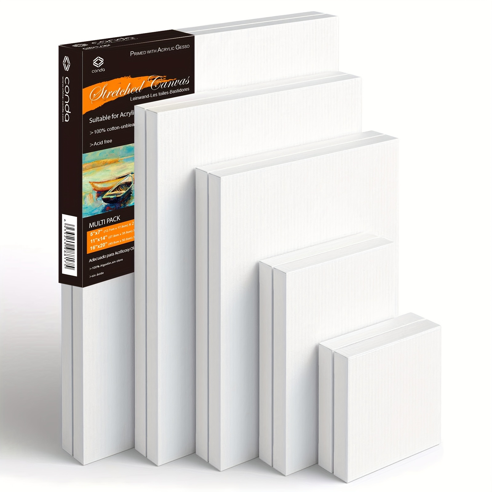 

Conda Stretched Canvas, Sizes 5x7", 8x10", 11x14", 12x16", 16x20" (2 Canvases ), 10 Backed Art Blank Canvases, , Suitable For Acrylics, Oils And Paintings.