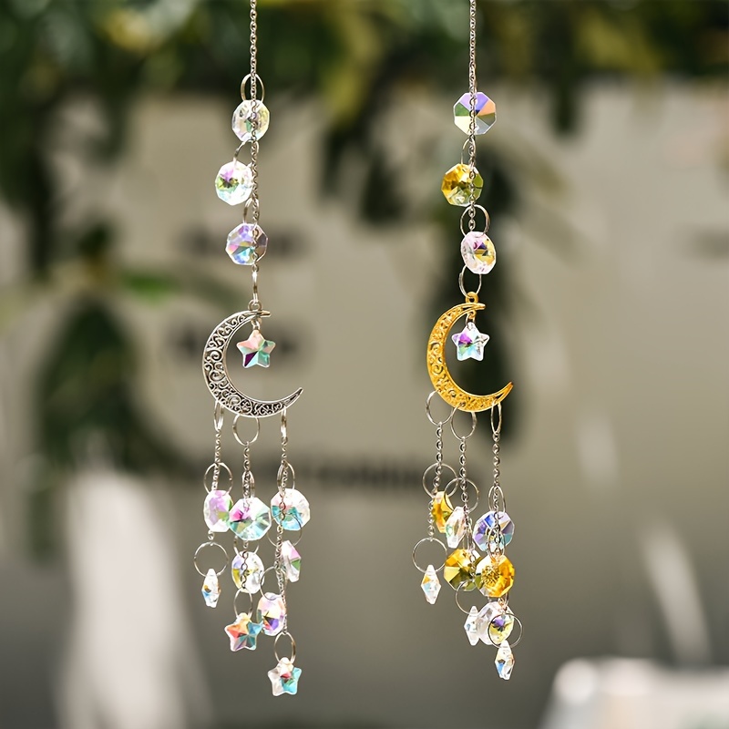 Image of Crystal Wind Chime Pendant Creative Wind Chime Silver Moon Star Home Outdoor Pendant Window Decoration Porch Decoration Gift