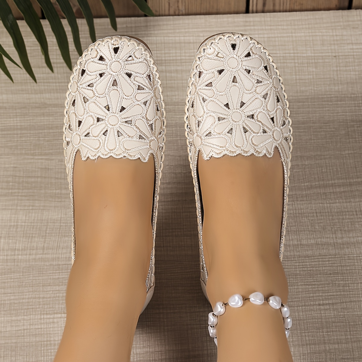 womens fashionable cut out slip on flats lightweight comfortable   shoes with decorative lace design white and beige   casual attire casual footwear   flat synthetic upper comfortable shoes 3