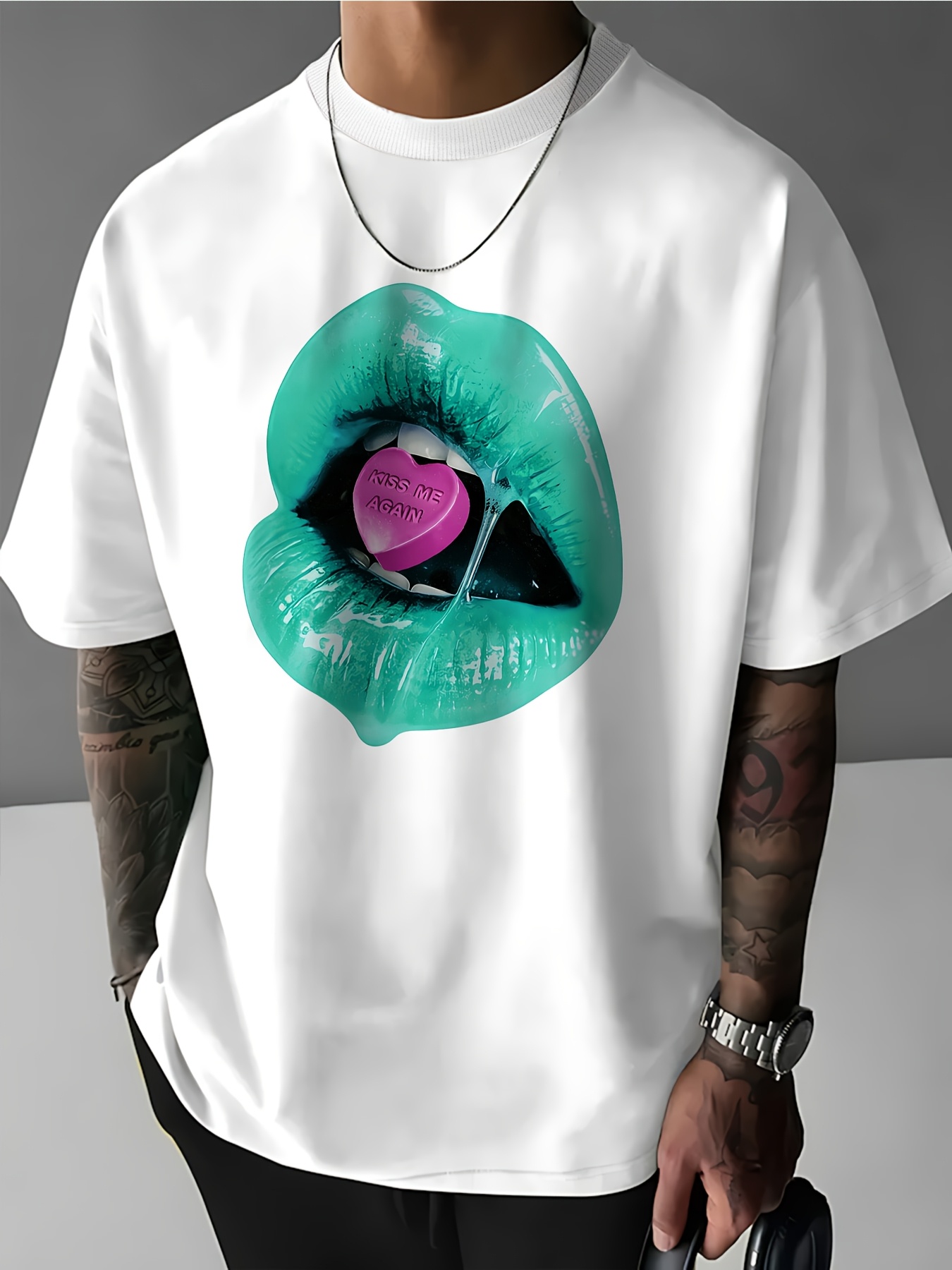 Maglietta Uomo 100% Cotone 180g Collo Tondo Stampa Y2K Kiss Me Again Comoda Primavera Estate Vestibilità Regolare_viptrois.com