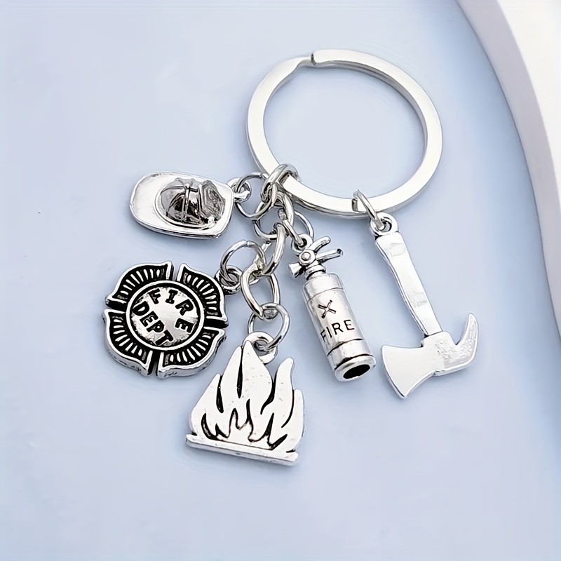 Image of 1pc Fire Badge Keychain With Axe, Fire Extinguisher, Flame & Shield Charms - Firefighter-themed Badge Suitable For Firefighters, Gifts, Emergency Accessories, Badge Accessories