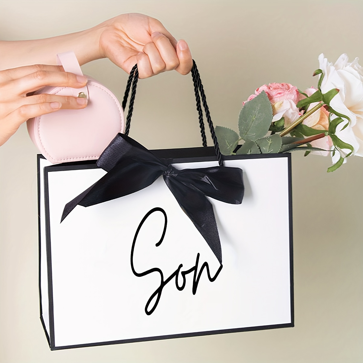 Image of 1pc Fashion Son Gift Bag, Paper Gift Bag, Lightweight And Foldable Shopping Handbag With Ribbon, Christmas Son Gift Bag, Son Paper Gift Bag For Birthday, Thanksgiving