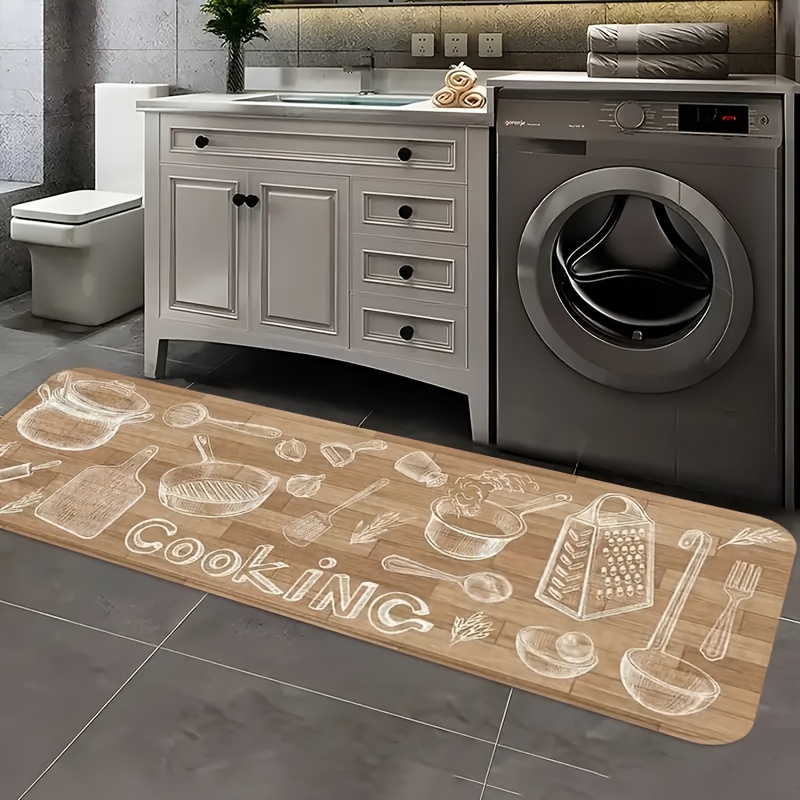 TEMU 1pc Extra Long Modern Italian Country Rectangular Mat - Large Beige Kitchen-themed Runner Mat With Cooking Utensils Print, Soft Polyester Floor