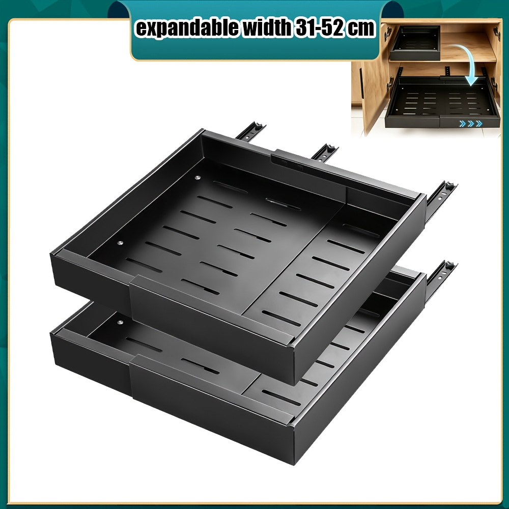2pcs Kitchen Cabinet 42cm Deep, Adhesive Mounting (no Drilling Required), Drawer Organizer, Extendable Kitchen Drawer, Carbon Steel Telescopic Drawer, Expandable Width 31-52cm