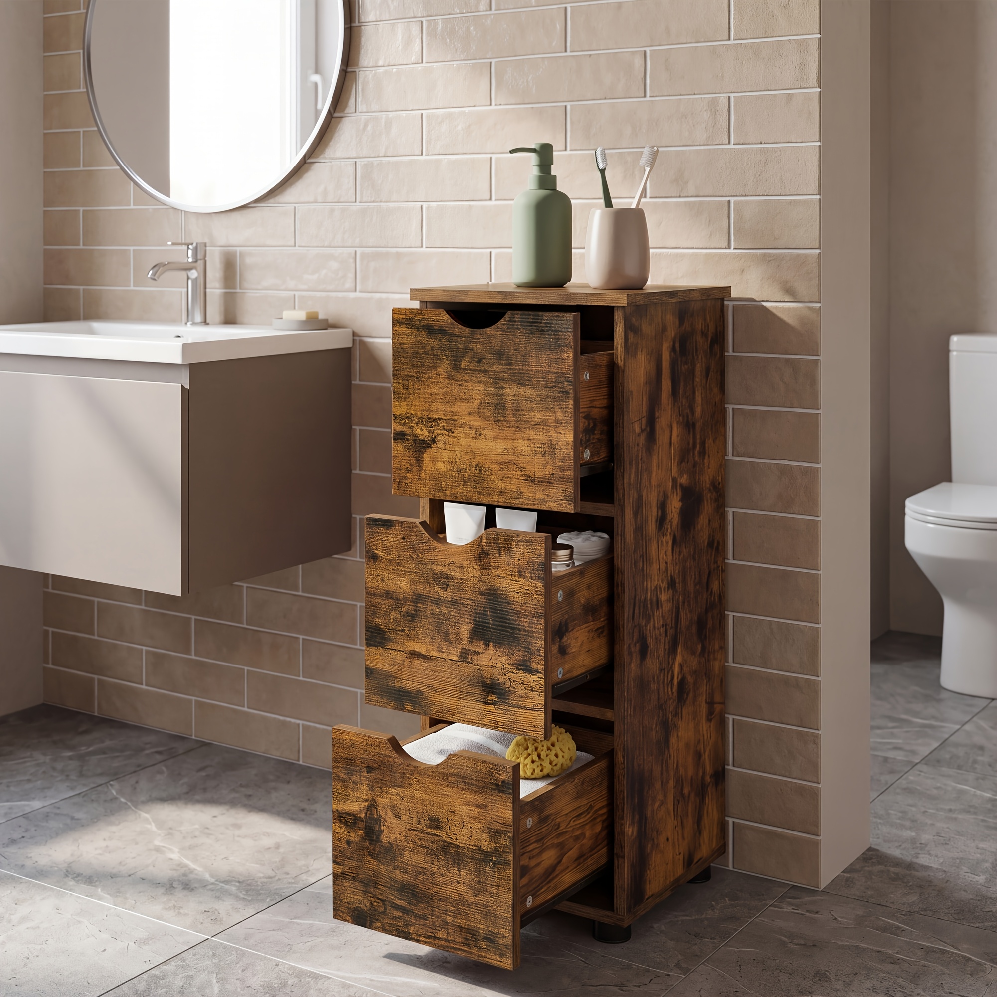 Image of Bathroom Storage Cabinet, Storage Tower With 3 Drawers, For Bathroom, Living Room, Bedroom, Kitchen, 30 X 30 X 80.5cm, Rustic Brown