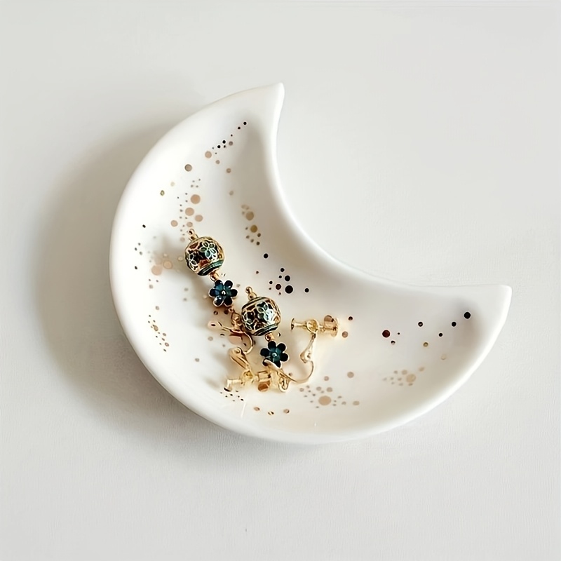 TEMU Ceramic Creative Moon-shaped Jewelry Tray With , A Semi-circular Desktop Organizer For Jewelry Storage And Decoration, Suitable For Home Decor,