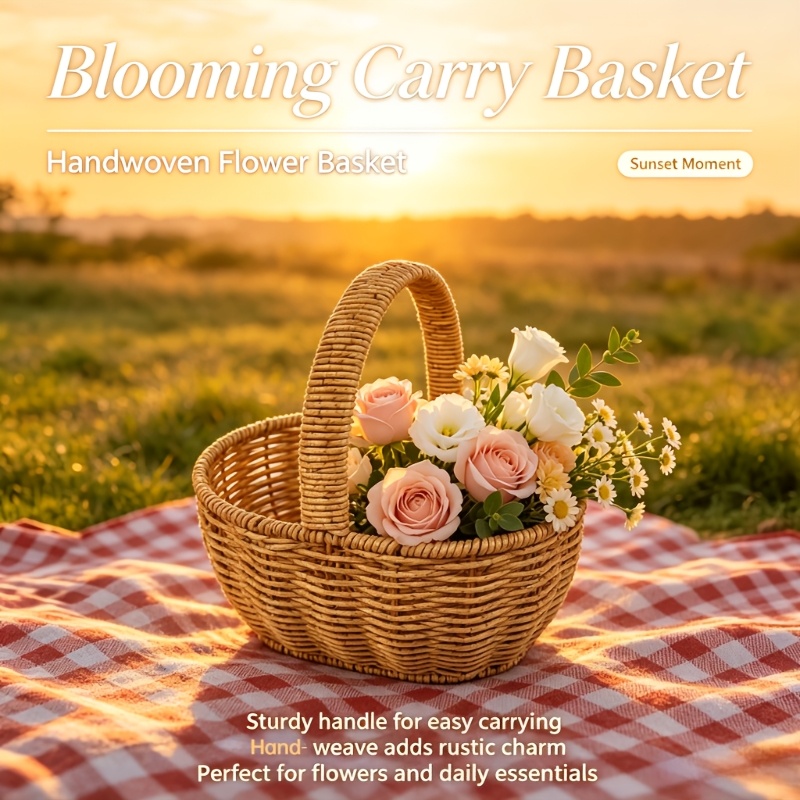 TEMU 1 panier de rangement en faux rotin tissé à , sac à main ovale avec poignée robuste, panier tissé multifonctionnel, adapté pour la table de , -,
