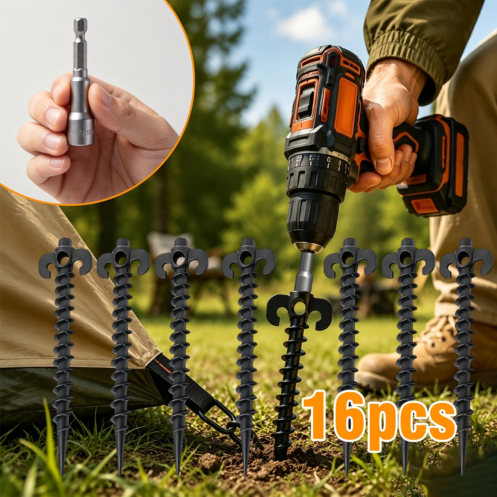 TEMU Kit de 17 piquets de tente de camping, 16 chevilles de sol à vis spirale + adaptateur , piquets d'extérieur à installation rapide pour corde de