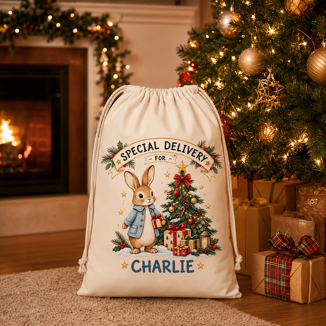 TEMU Customizable Name Christmas Bunny Gift Bag, Cute Cartoon Rabbit Print Canvas Drawstring Pouch, Personalized Diy Name Gift Bag, Holiday Gift