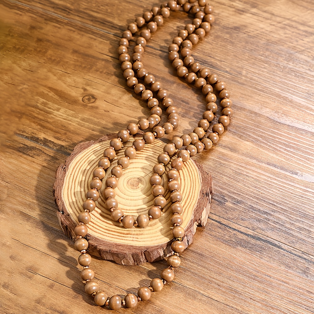 

Bohemian Tribal Style Women' Necklace - Long Beaded Wooden Beads, Coffee Color, Round, Vintage Vacation Look, For Casual Attire