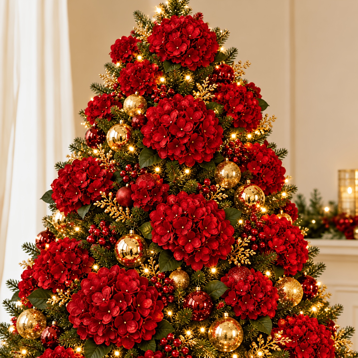 TEMU 7pcs Red Artificial Hydrangea Stems, Christmas Tree Floral Picks, Holiday Wreath Flowers, Festive Home Decor For Decoration