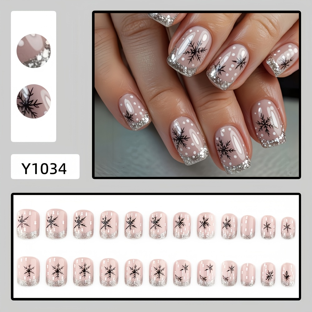 TEMU Look: 24 Short Oval-shaped Christmas-themed Fake Nails With Soft Nude And Silvery-shimmer Contrasting Colors For A Christmas Nail Art. Simple