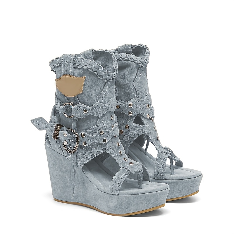 Women'S Boho Grey Studded Fringe Wedge Heel Boots, Open Toe Platform Knee High Western Cowgirl Sandals, Vintage Festival Party Shoes, Women Shoes - Image 8