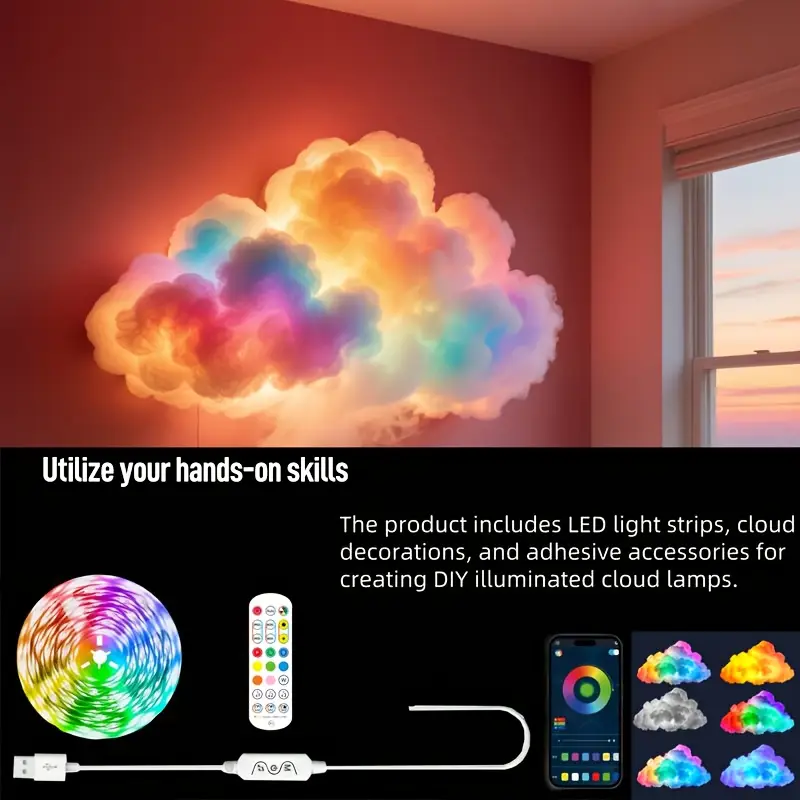 3d thunder cloud led light with music sync rgb multicolor changing strip lights usb powered wireless remote app degree wall ceiling mount for indoor bedroom gaming room party christmas and holiday decorations Product details 6
