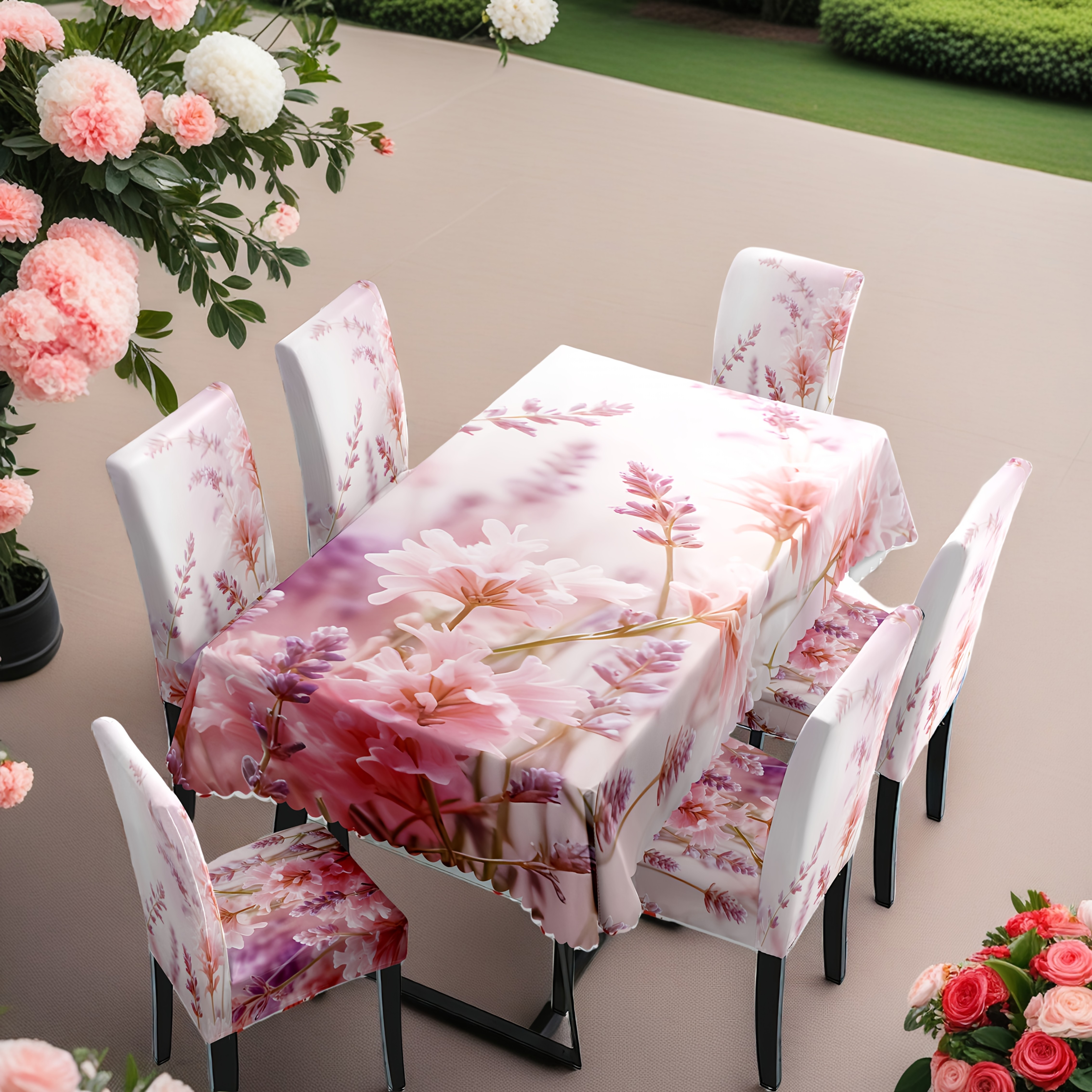 

Open; Spring Pink Floral Print 7pcs Tablecloth And Chair Cover Set, 4/6pcs Pink Floral Print Chair Cover, Suitable For Home, Hotel, Restaurant Daily Decoration. Washed And Reused