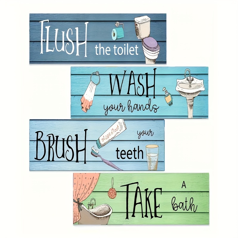 

4pcs Funny Bathroom Signs Decor, Bathroom Wooden Wall Signs Wash Brush Bath Flush Sign Wall Decor Quote Art Print For Home Bathroom Laundry Washroom Room Decoration