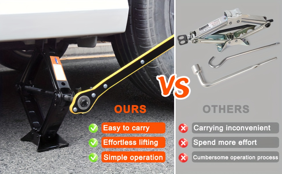 Este es un kit de gato de tijera de acero para coche con una capacidad de carga de 2 toneladas (1999.89 KG). Viene con una llave de carraca y está diseñado para sedanes. Es un gato de neumático de elevación rápida portátil que presenta un diseño de rosca antideslizante duradero.