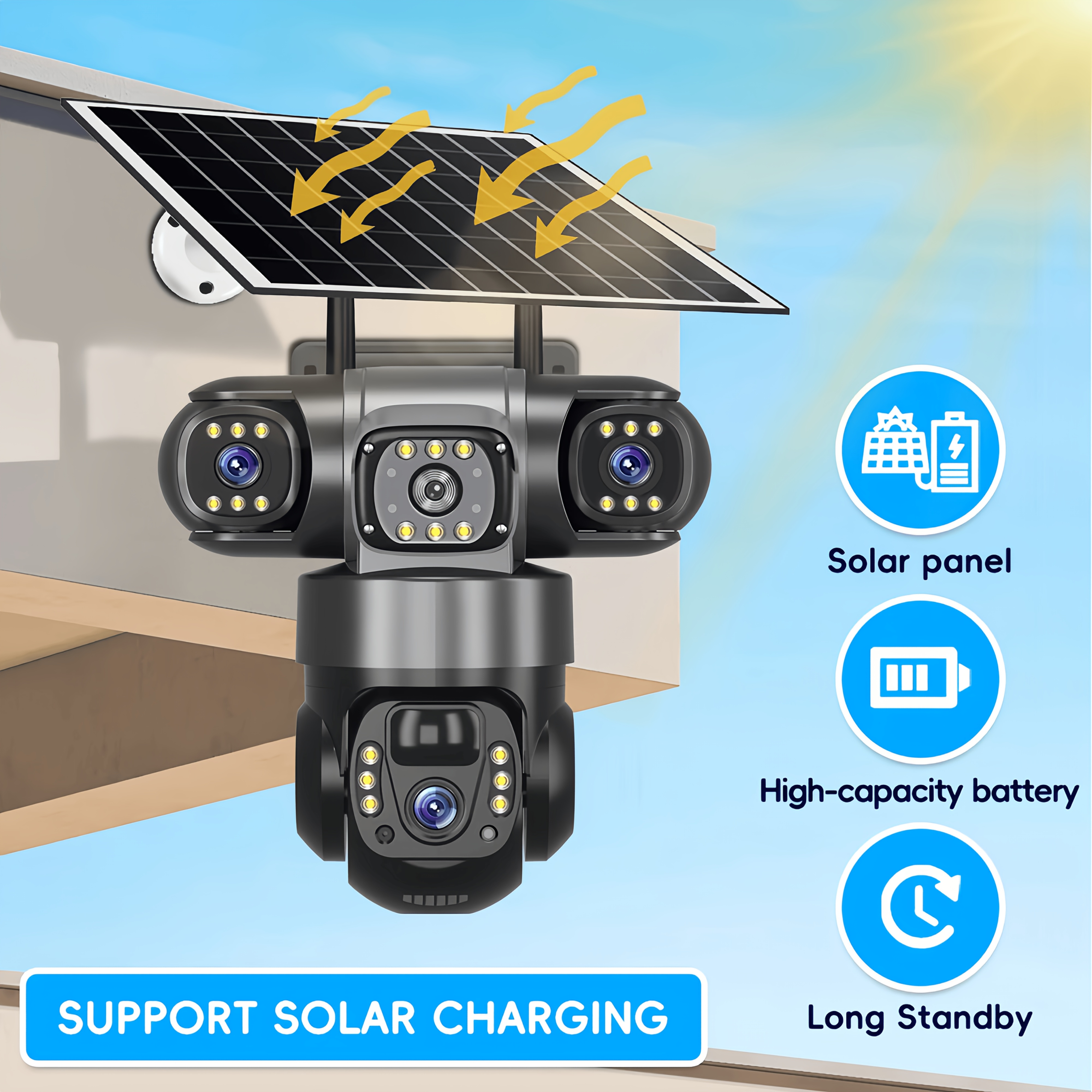 4G Solar-Powered Security Camera V380 Pro | Triple Lens & Triple Screen, PTZ Pan-Tilt-Zoom with Auto Tracking & AI Human Detection, H.265 Video Coding, Color Night Vision, 355° Horizontal & 90° Vertical Rotation, Two-Way Audio, Mobile App Control