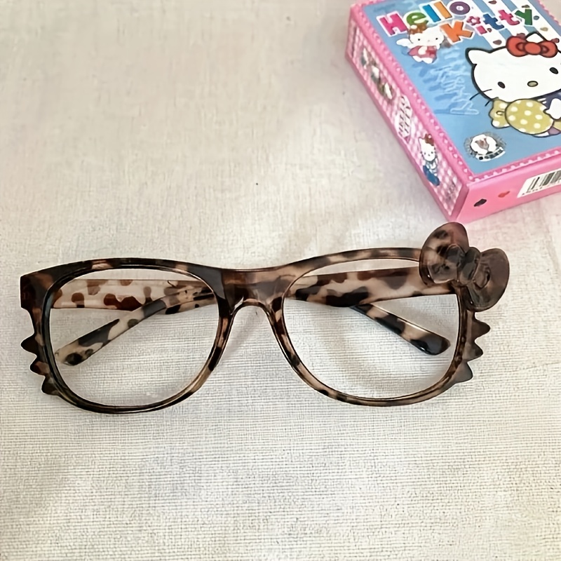 Image of 1pc Hello Kitty Leopard Print Decorative Glasses Frame Cute Vintage Y2k Style Women's No Lenses With Floral Embellishment Perfect Fashion Accessory
