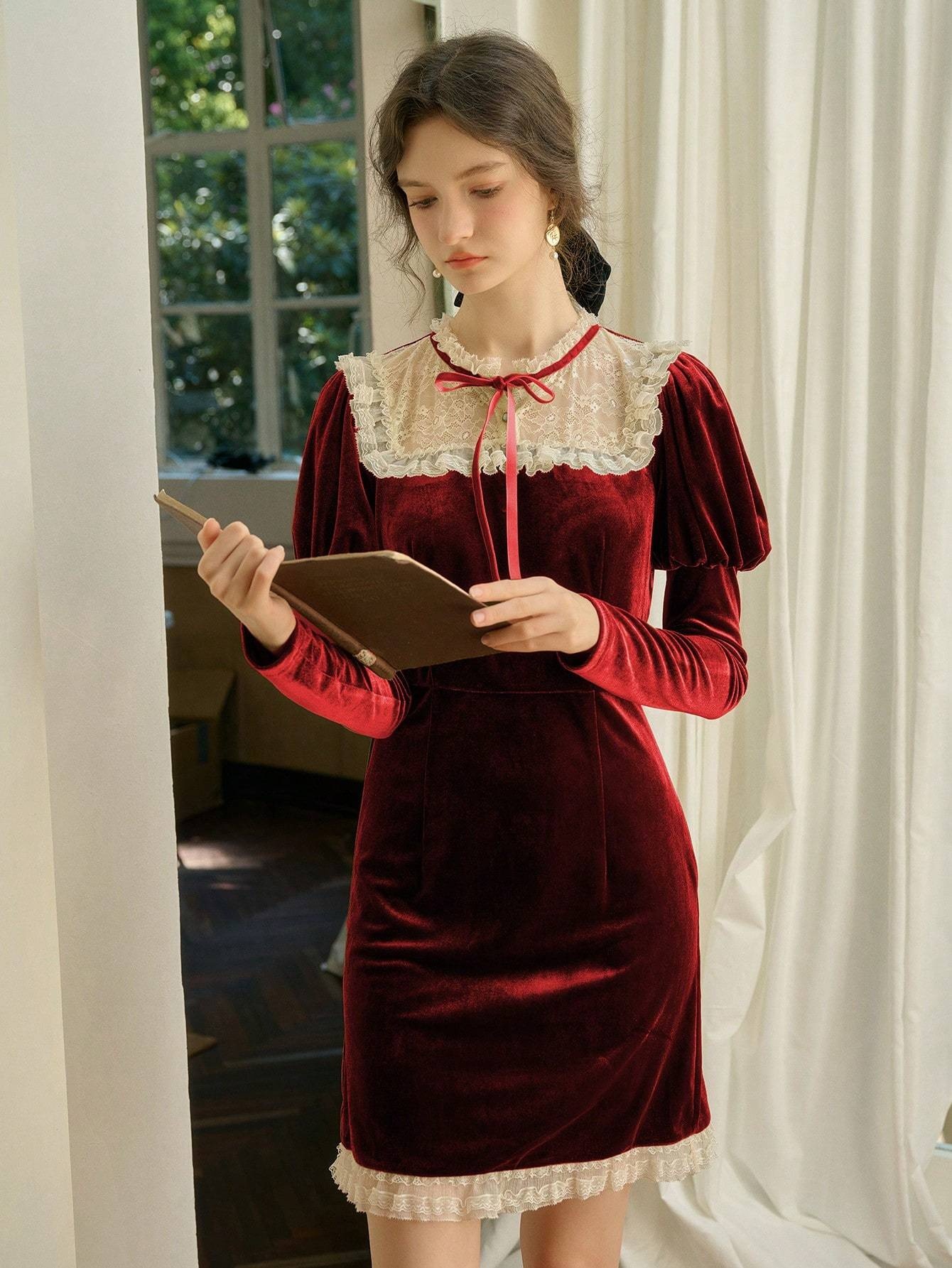 knee length velvet dress a lace collar design - Temu Cyprus