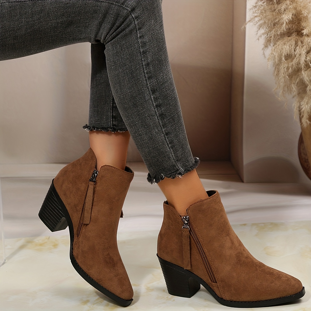 TEMU Vintage Style Ankle Boots With Material And Side Zipper Design, Women Shoes