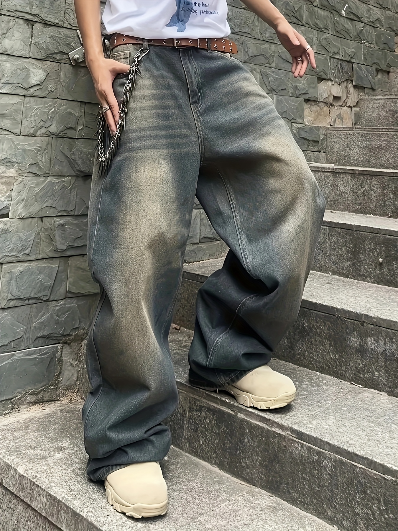 *'s Relaxed Fit Wide-Leg Jeans Sporty Machine Washable Non-Stretch  Denim, Water-Washed Texture for Casual Attire