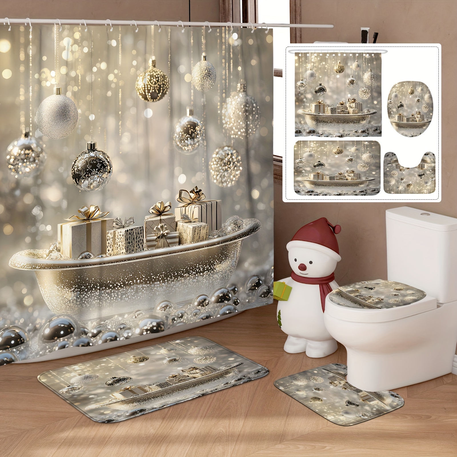 

[] 1/4pcs Christmas Curtain Set Christmas Silvery Curtain Polyester For Bathroom Ornaments 12hooks Bath Mat Lid Mat