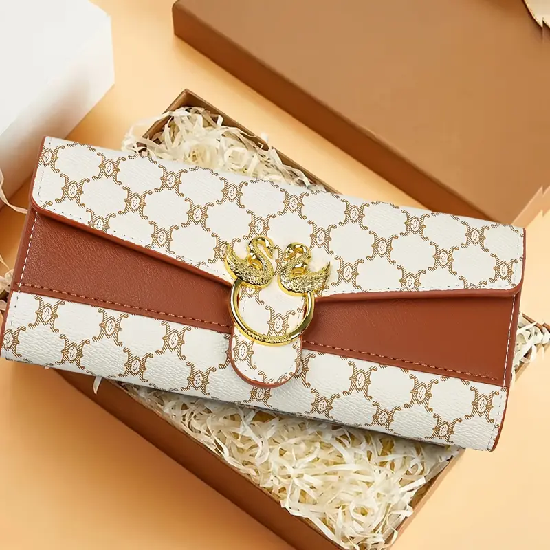 1pc elegant womens clutch wallet geometric pattern leather closure multi compartment edge painted leather lining occasion ready details 4