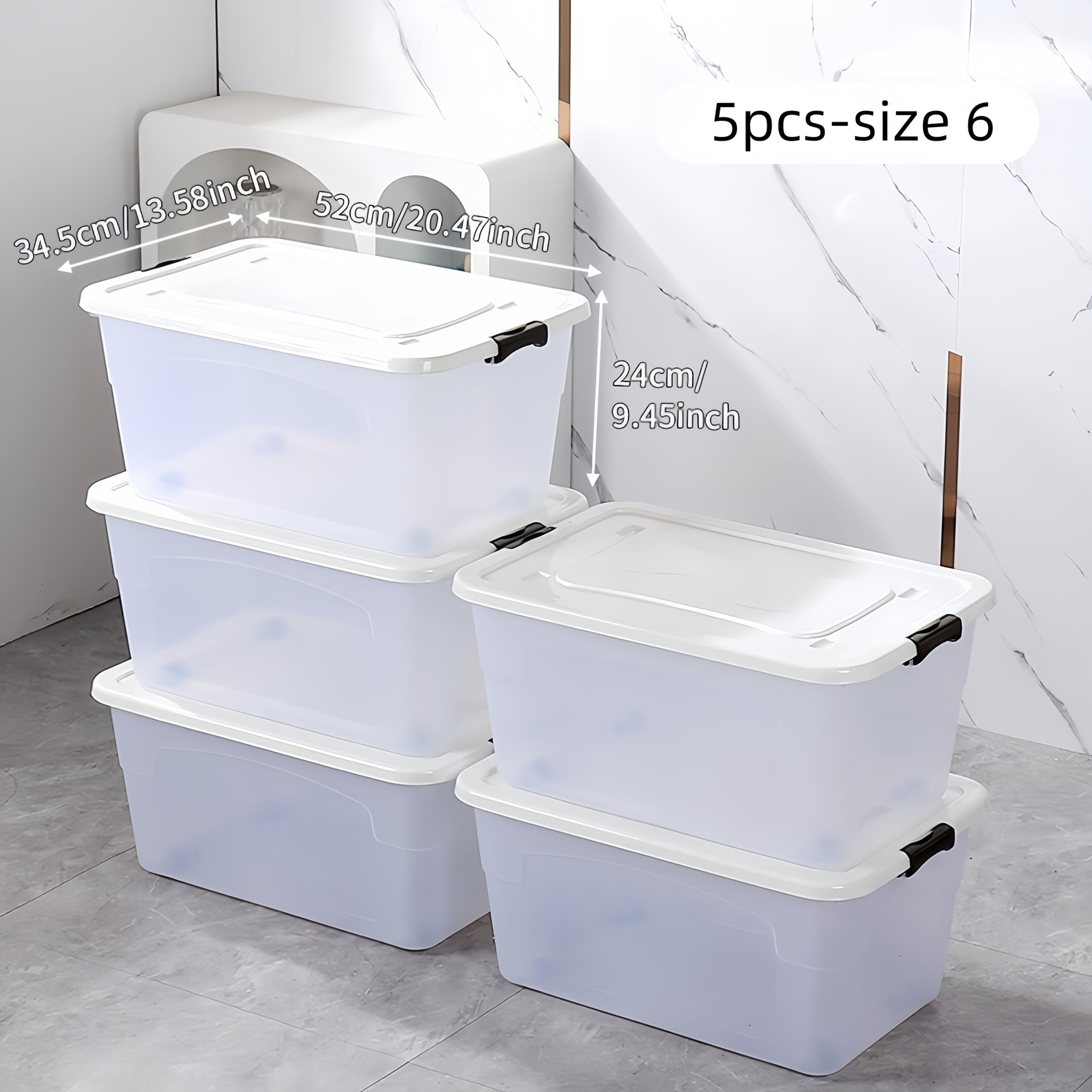 Image of 5pcs/6pcs Set Of Lidded Storage Bins, Transparent White-striped Plastic Storage Boxes, In Multiple Sizes, With Handles. Suitable For Storage Of Household Items, Car Trunk Organization