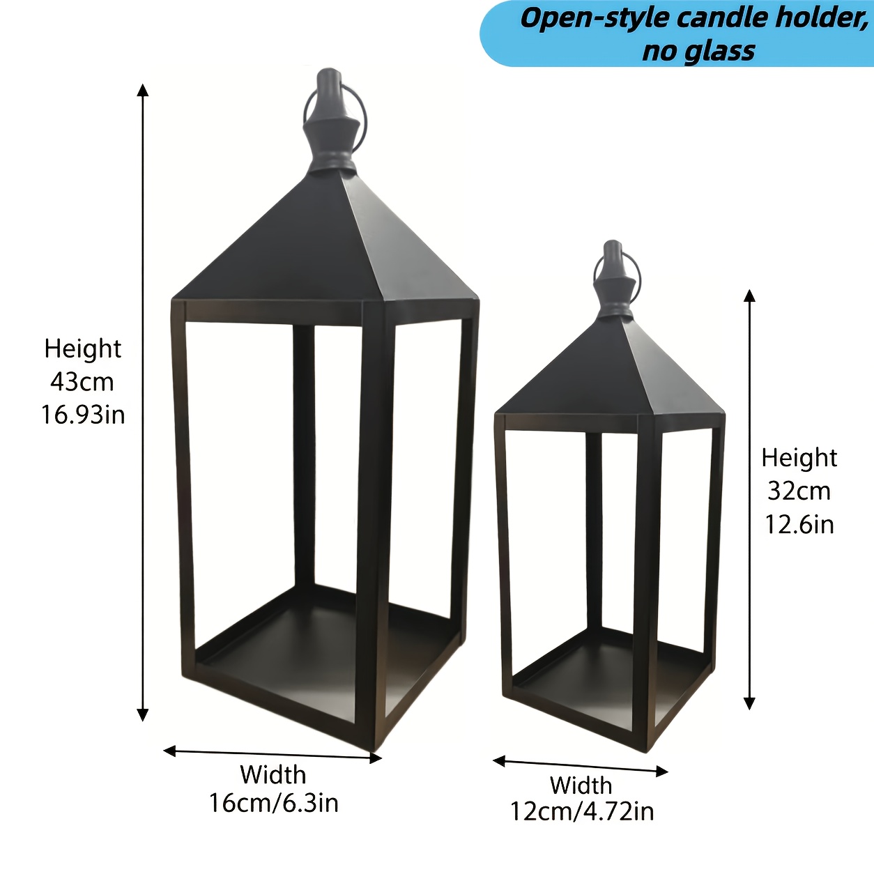 TEMU Set Of 2 Black Metal Lantern Frames, 17" & 13" Candle Holders, Rustic Lantern Decor, No Glass No Candles, Indoor Outdoor Decorative Lanterns For
