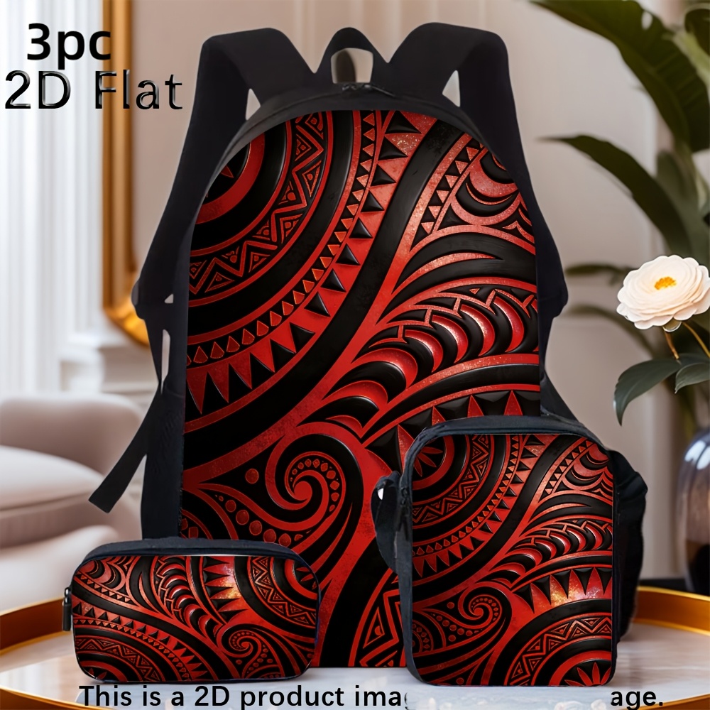 TEMU 2d Flat 3pcs Red Black Polynesian Tribal Maori Pattern Backpack Set With Crossbody Bag And Small Pouch For School And Outing