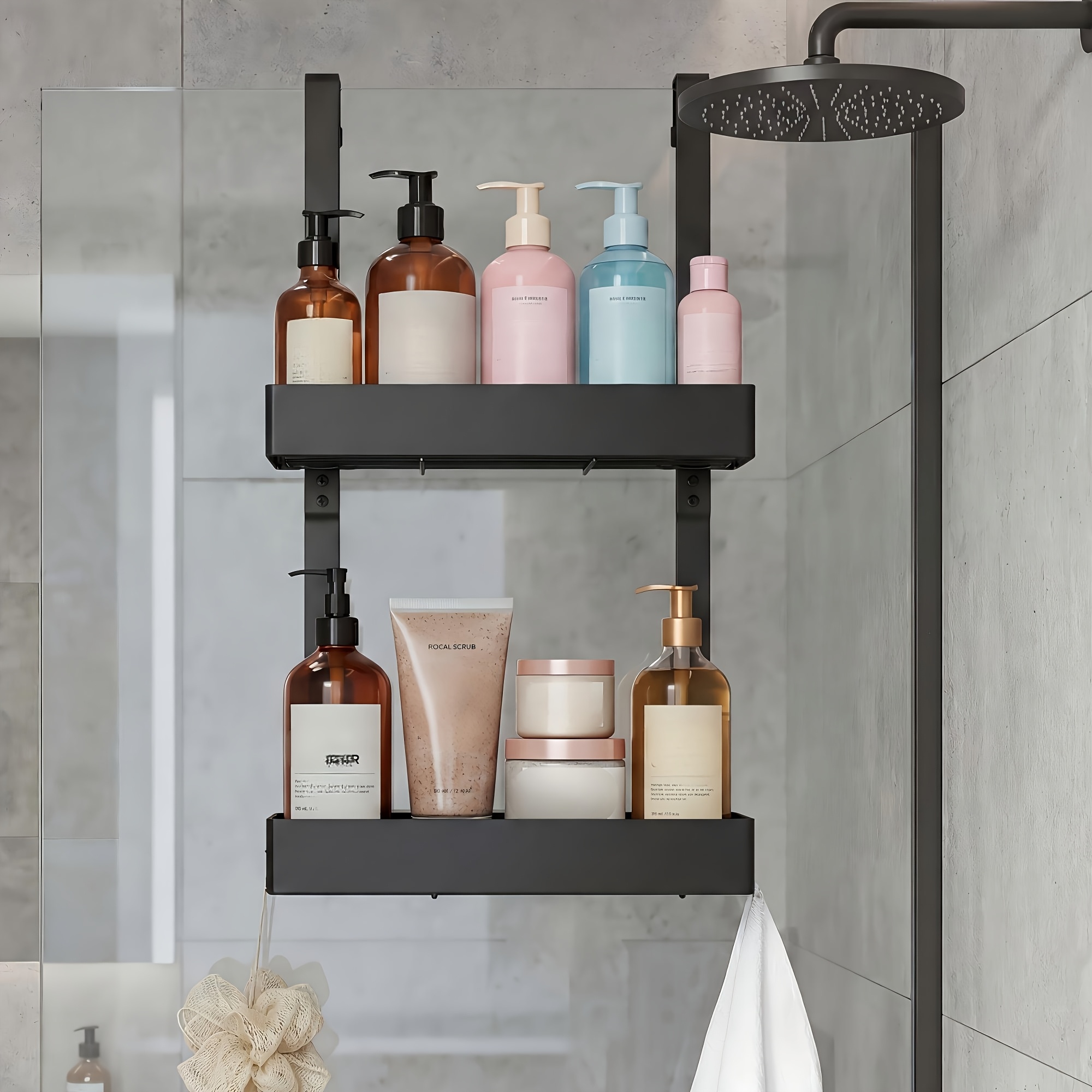Bathroom Shelf, Hanging Shower Shelf, Bathroom Door Hanger With 12 Side Hooks, Steel, Height Adjustable, No Drilling Required, 2 Levels, Good Load-bearing Capacity, For Shower Cabs, Shelves