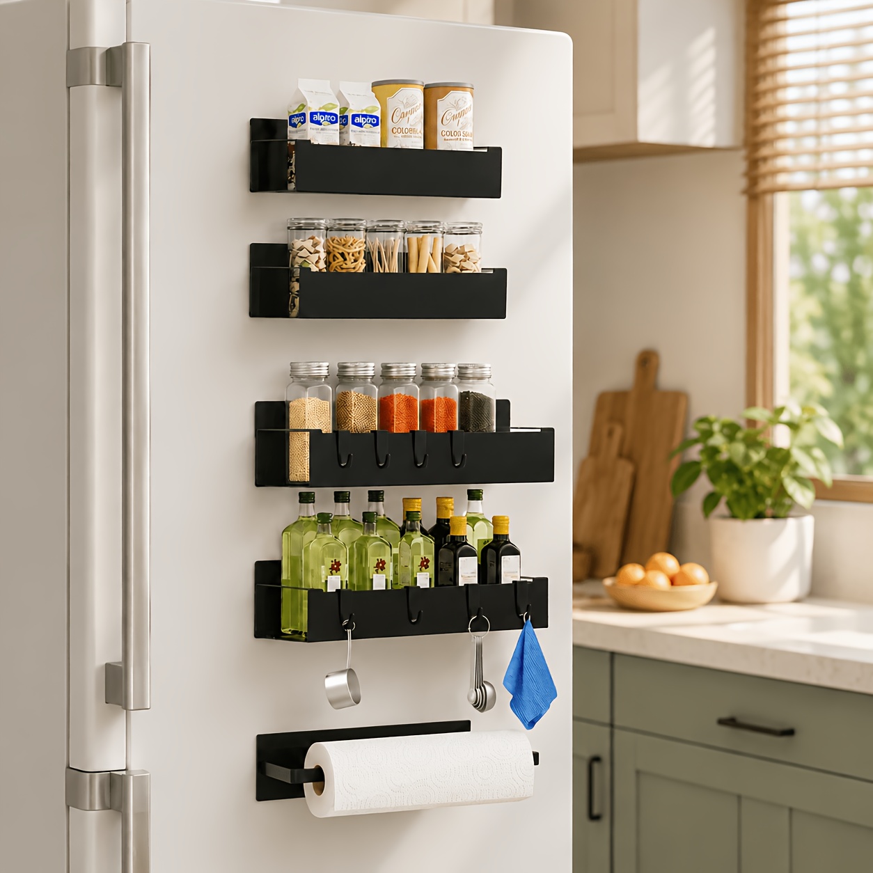 Image of 4pcs Magnetic Spice Rack With 1 Paper Towel Holder And 8 Hooks, No-punch Refrigerator Side Storage Organizer, Multi-functional Kitchen Storage Basket, -saving Kitchen Rack ()
