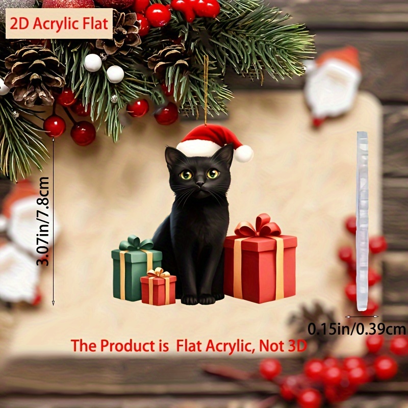 

Festive 2d Acrylic Black Cat Christmas Ornament With Gifts - Charming Accessory