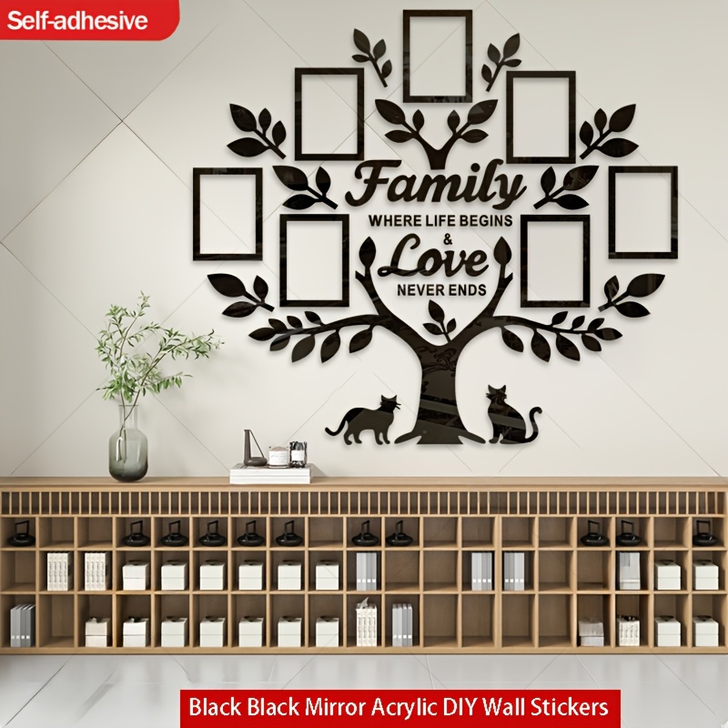 TEMU A Set Of Family Tree Photo Frame Acrylic Plastic Mirror Wall Stickers, Size: 100*89.8cm/39.37*35.35in. Product Elements: 2 Cats, Leaves, Photo