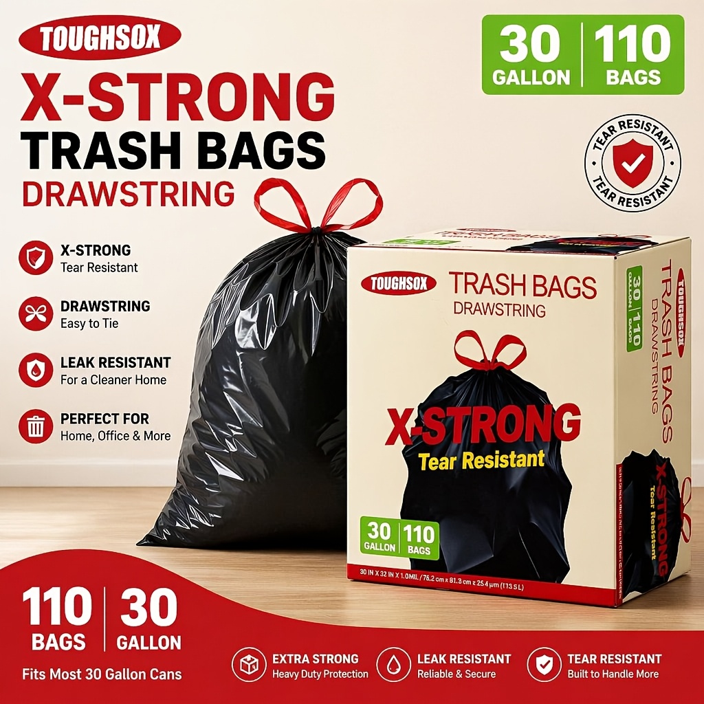  extra thick30 gallon extra thick drawstring trash bags 55 110 count heavy duty puncture resistant garbage bags with red drawstring large bin liners for kitchen yard office garage construction industrial waste