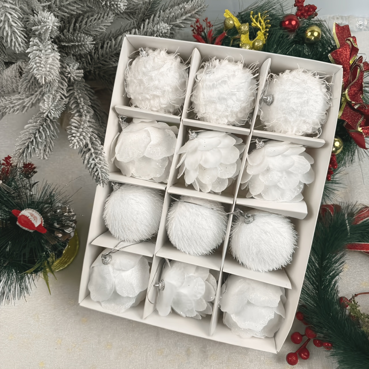 TEMU Ball Ornaments: 12 White Christmas Tree Balls, 3.15 Inches In Size, With Unique Shapes, For Christmas Tree Decoration, -resistant Holiday