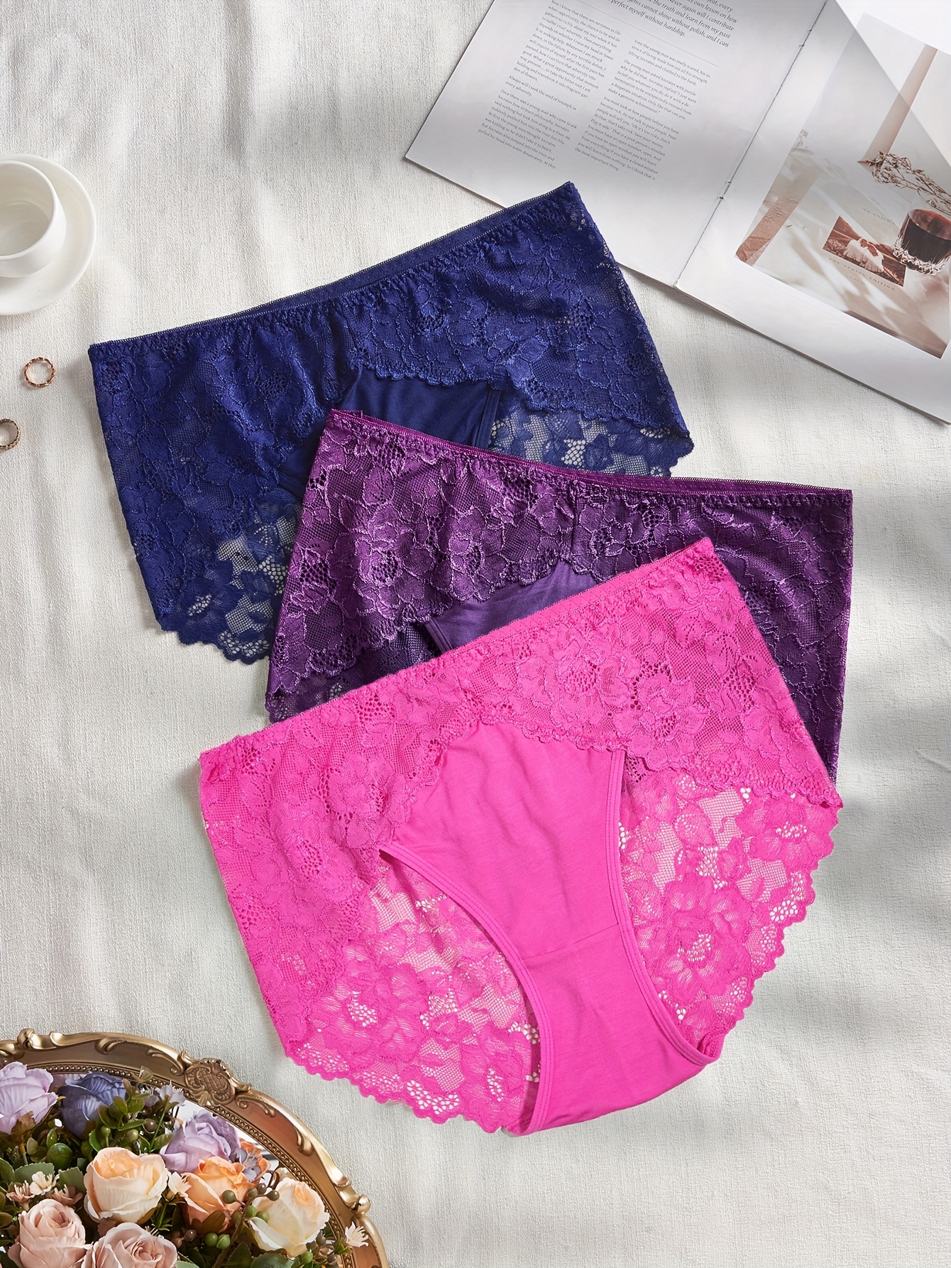 3pcs Plus-Size Elegant Lace Stitched Panties for Women Breathable Nylon  Blend, Floral Pattern *-* Briefs in Navy, Purple, Pink, Plus Size Pa