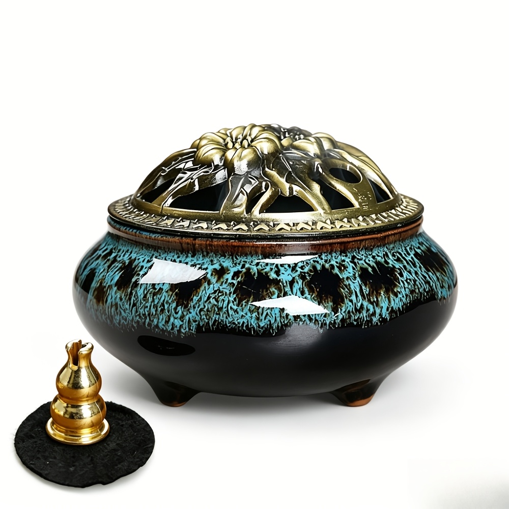 TEMU Large Kiln- Ceramic Incense Holder With Vintage Brass Lid, 4pcs Incense Holder Set With Fireproof Mat, Coil Incense Plate & Mesh, For Stick Cone Coil Incense, Burner For Home Meditation