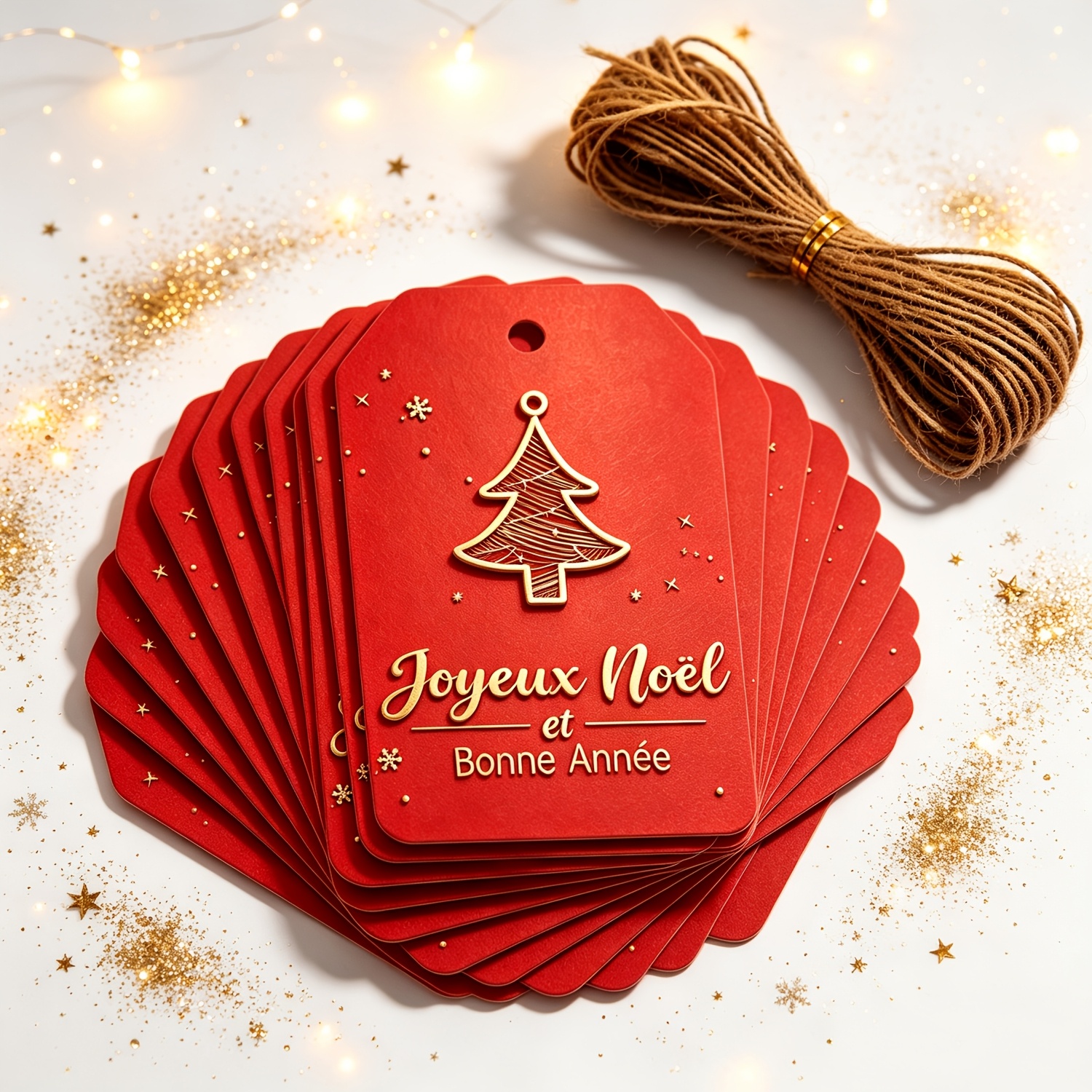 TEMU Lot de 49 Étiquettes Cadeaux Plates 2D pour Noël et An, Étiquettes Décoratives Suspendues à Fond Rouge avec Sapin de Noël et de Neige, Lot de