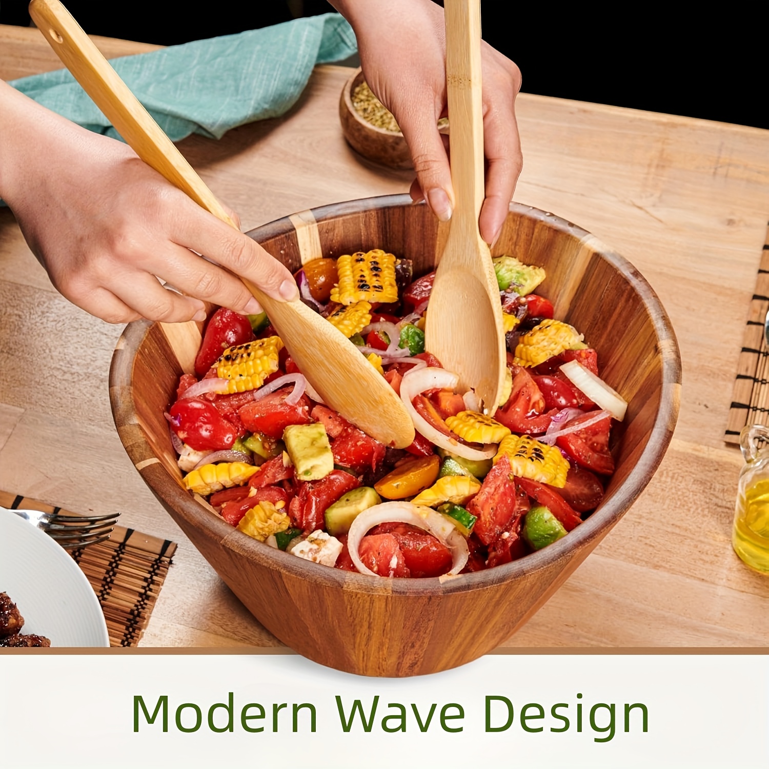 Large Acacia Wave Bowl Salad Bowl, Wood Decorative Bowl for Veggies, Fruits, And More - Handmade Wooden Serving Bowl - Modern Rustic Home Decorations