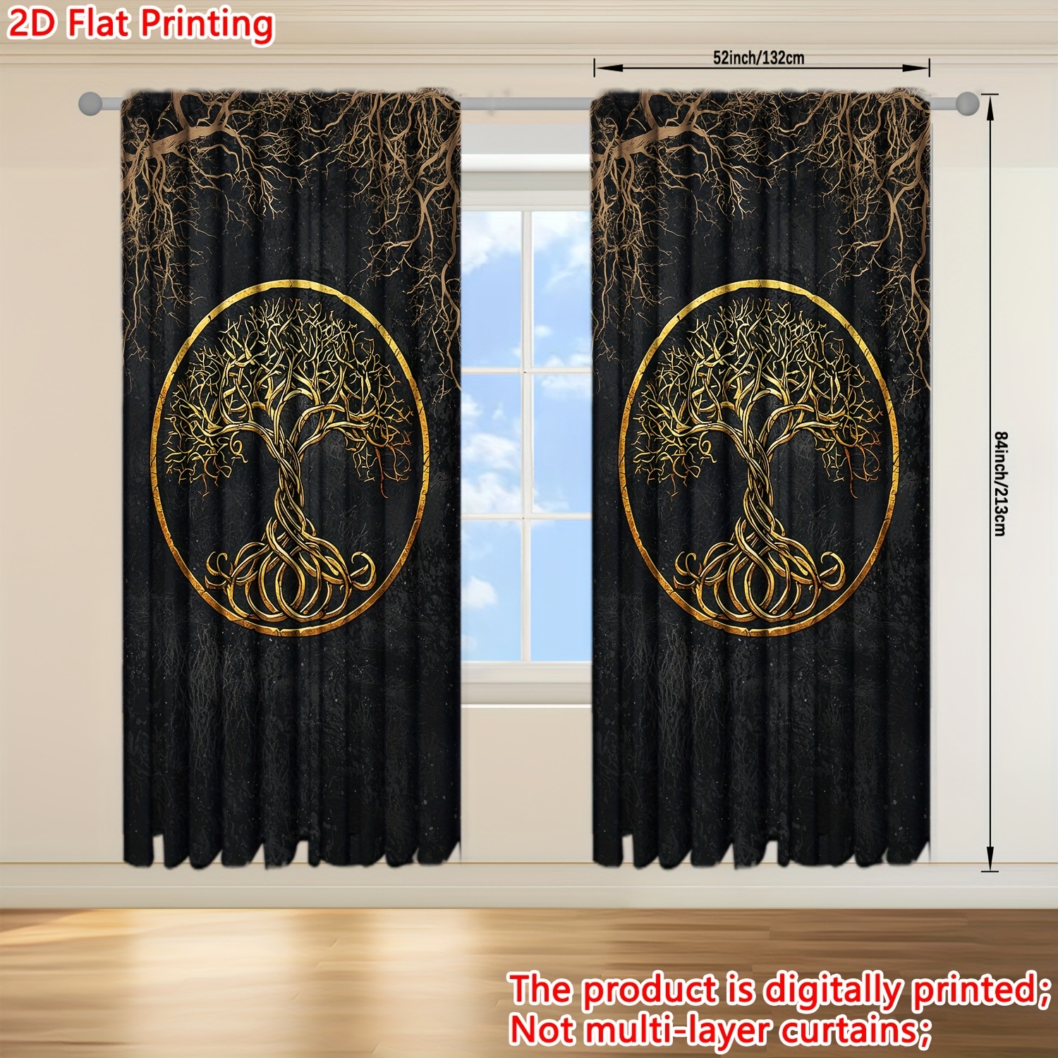 TEMU 2d Flat - 2d Flat - Launch 2d Flat Printing, 2pcs Of Tree Of Life Printed Curtains For Home Decoration - Rod Pocket Window Suitable For Bedroom,