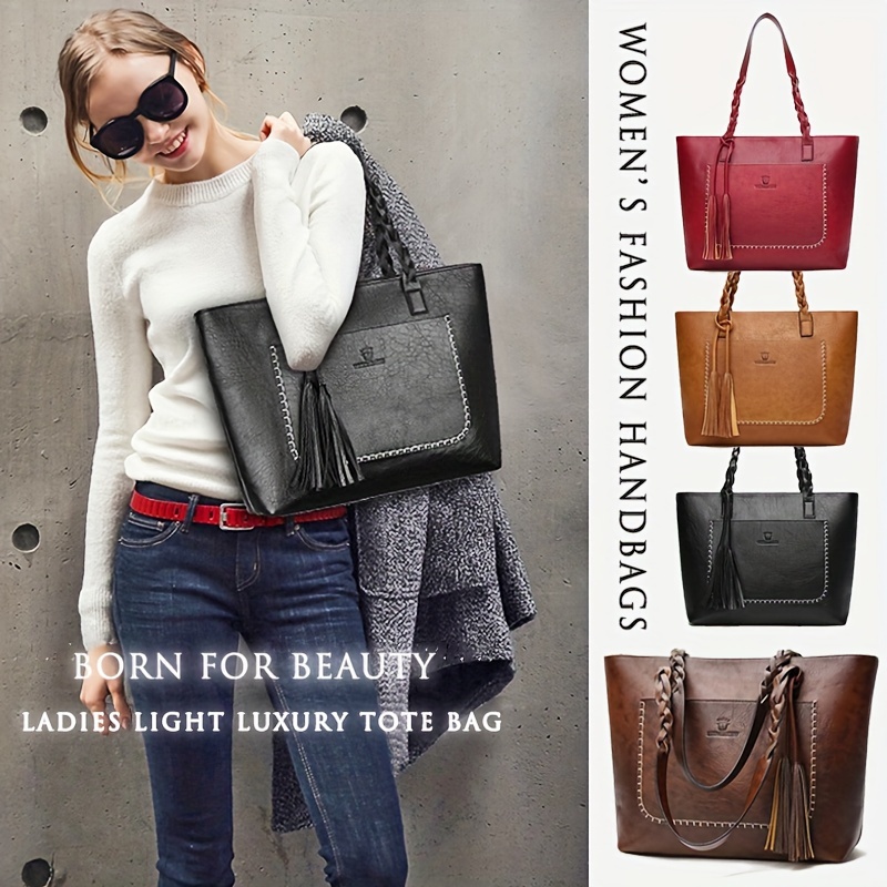 

Elegant Women' Tote Bag With Retro Tassel, Large-capacity Leather Handbag, Simple Commuter Shoulder Bag