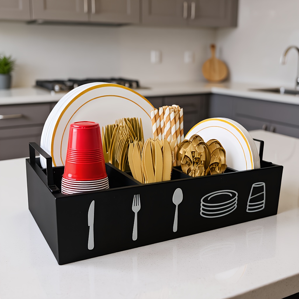 Image of Versatile Wooden Kitchen Organizer With Handle - Perfect For Plates, Cups, Forks & Spoons Storage - Ideal For Home, Camping & Buffet, Storage Bins For Home Organization