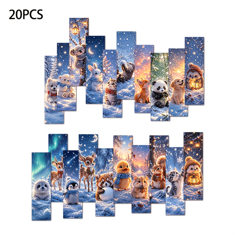 TEMU Lot de 20 marque-pages en papier imprimé 1,6 po * 5,9 po, motif style peinture à l'huile d'animaux de d'hiver, , écureuil, polaires, forêt de